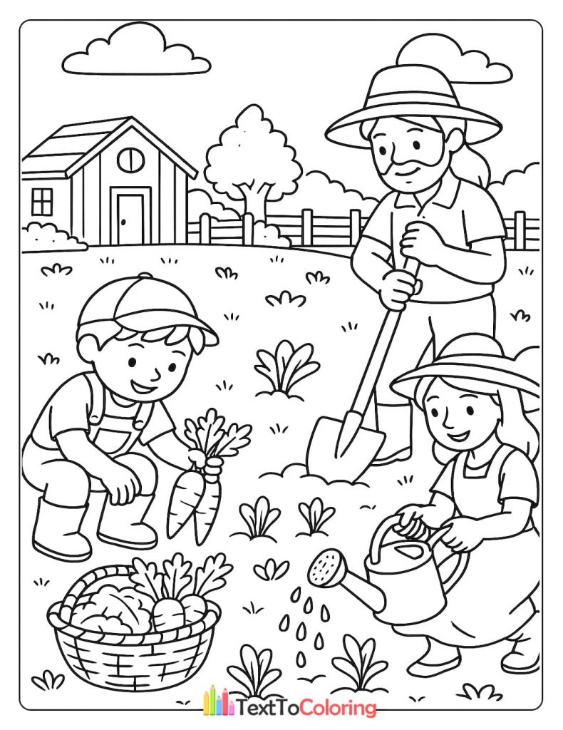 A coloring page of a family of three farmers harvesting carrots, with one child pulling up a carrot, a woman watering plants, and a man digging with a shovel, with a basket of vegetables nearby.