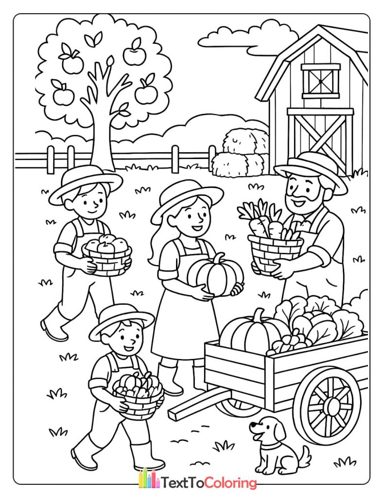 A coloring sheet of a family of four farmers harvesting vegetables, with a child and a woman carrying pumpkins and a basket of carrots, and a man pulling a cart full of vegetables.