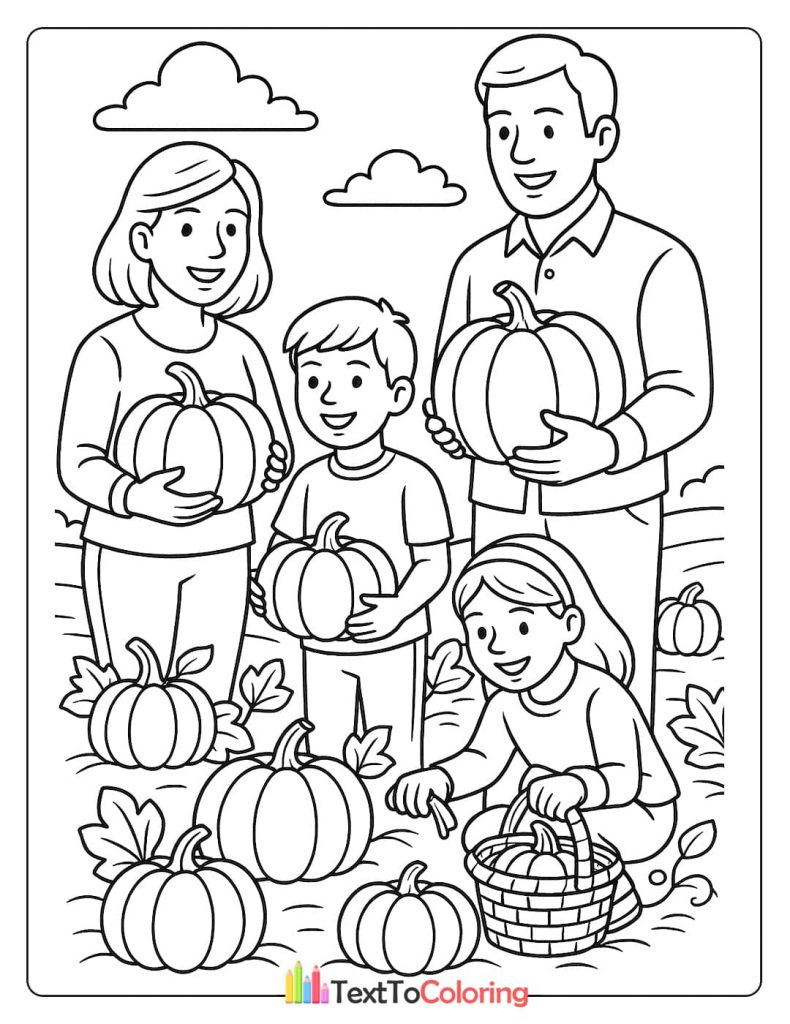 A family, including parents and two children, is smiling in a pumpkin patch.