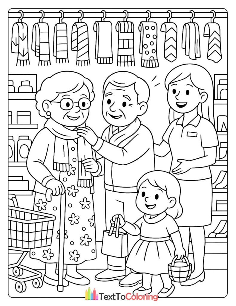 A family of four, including grandparents, a mother, and a young girl, are shopping in the clothing section of a mini-mart.