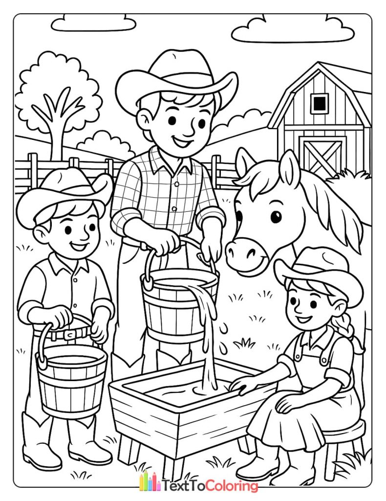 A coloring page of a family of three farmers, a man, a boy, and a girl, working together to give a horse water from buckets at a drinking trough. A barn is in the background.