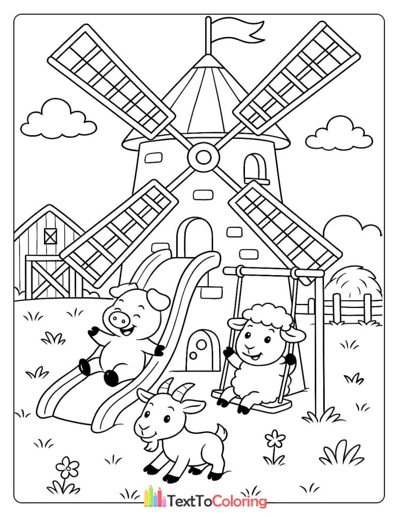 A coloring page of a pig going down a slide and a sheep on a swing, with a goat watching them play in front of a large windmill.