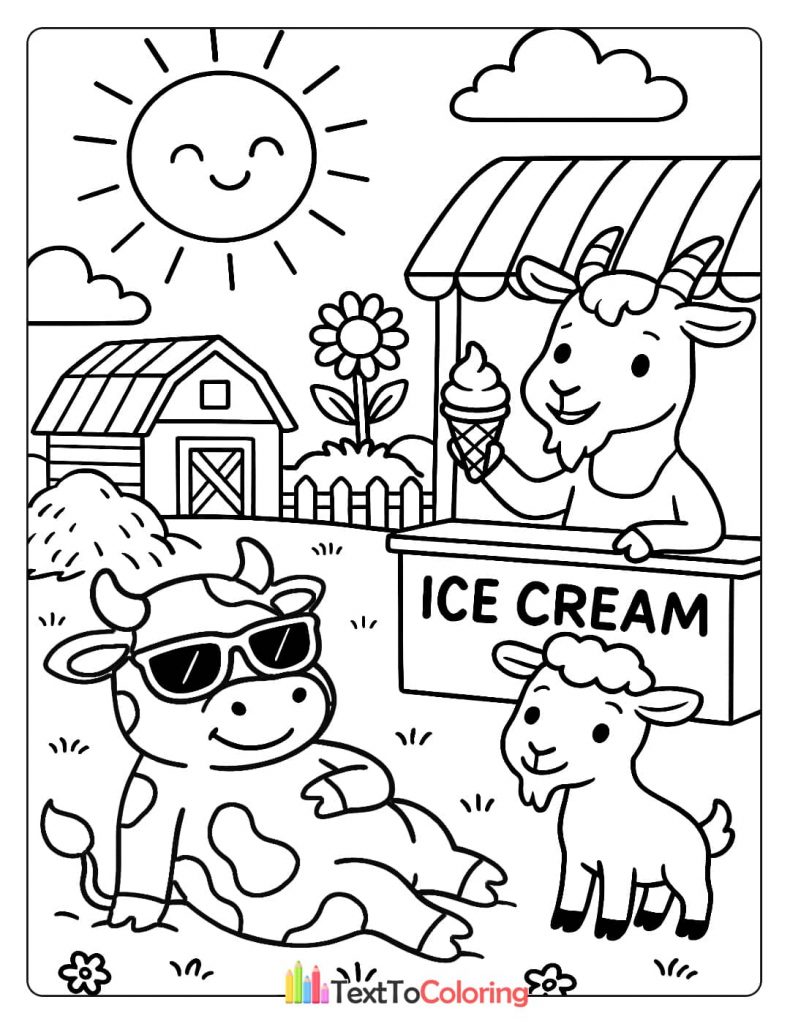 A coloring page showing a happy goat selling an ice cream cone from a stand to a cow wearing sunglasses, with a happy sun in the sky and a small goat beside the cow.