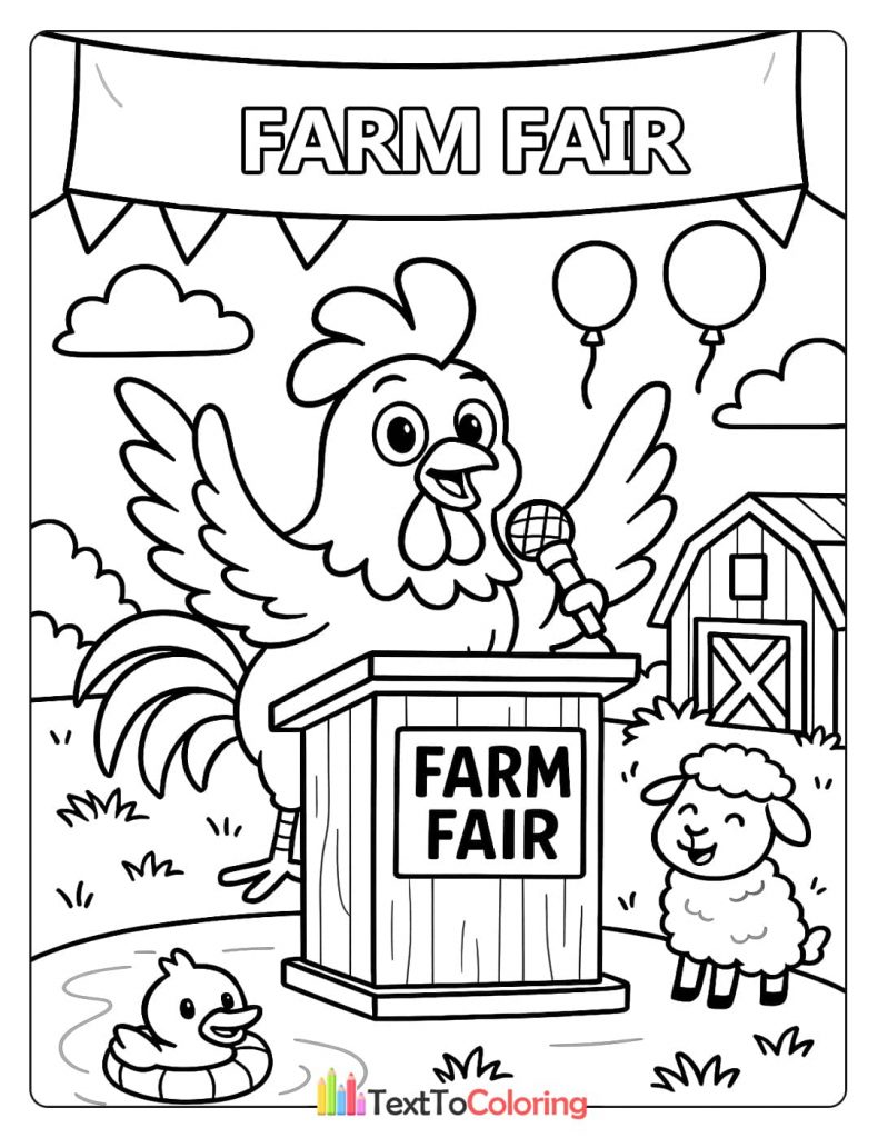 A coloring page of a rooster on a podium with a microphone, speaking at a "Farm Fair" event, with a smiling sheep, a duck, and balloons in the background.
