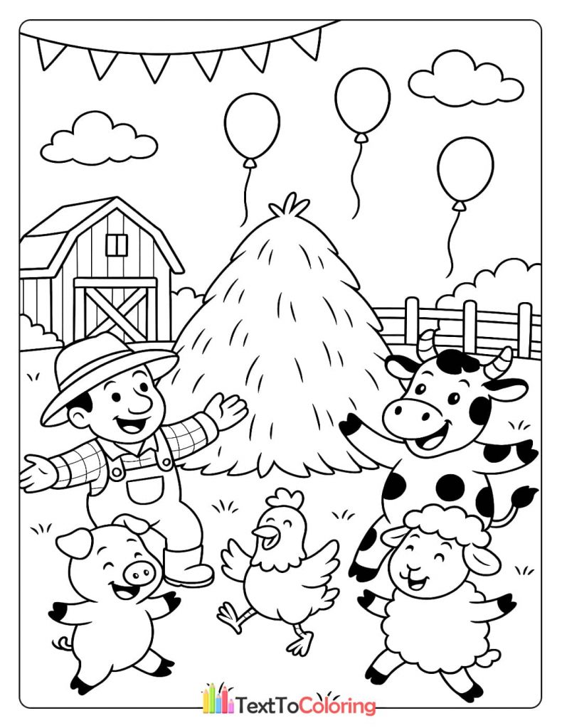 A coloring page of a farmer, a pig, a chicken, a cow, and a sheep dancing together near a hay bale with balloons and banners.