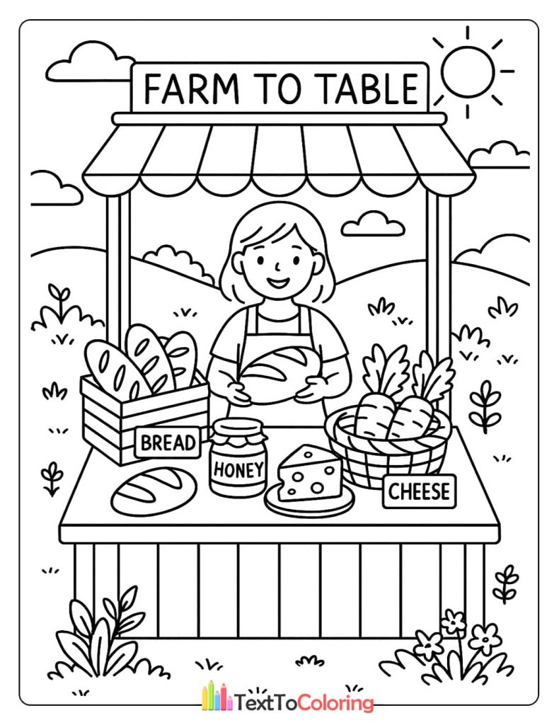 A printable coloring page of a woman selling fresh bread, honey, and cheese from a "Farm to Table" stall.
