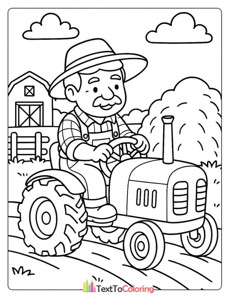 A coloring page of a smiling male farmer with a mustache driving a tractor on a farm road, with a barn and a tree in the background.