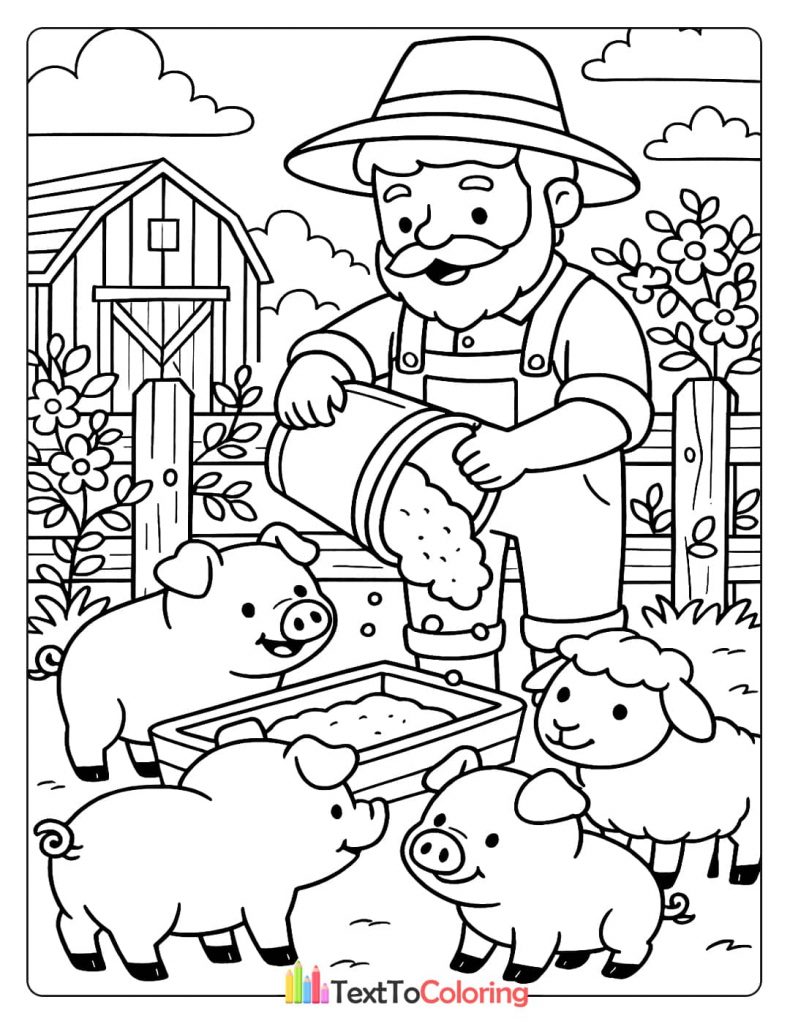 A coloring page of a farmer with a beard pouring feed from a bucket into a trough for three piglets and a sheep, with a barn in the background.