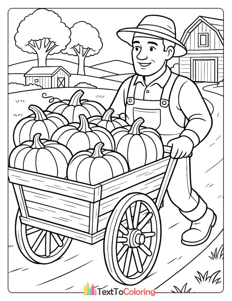 A farmer is smiling while pulling a wagon full of pumpkins on a farm.