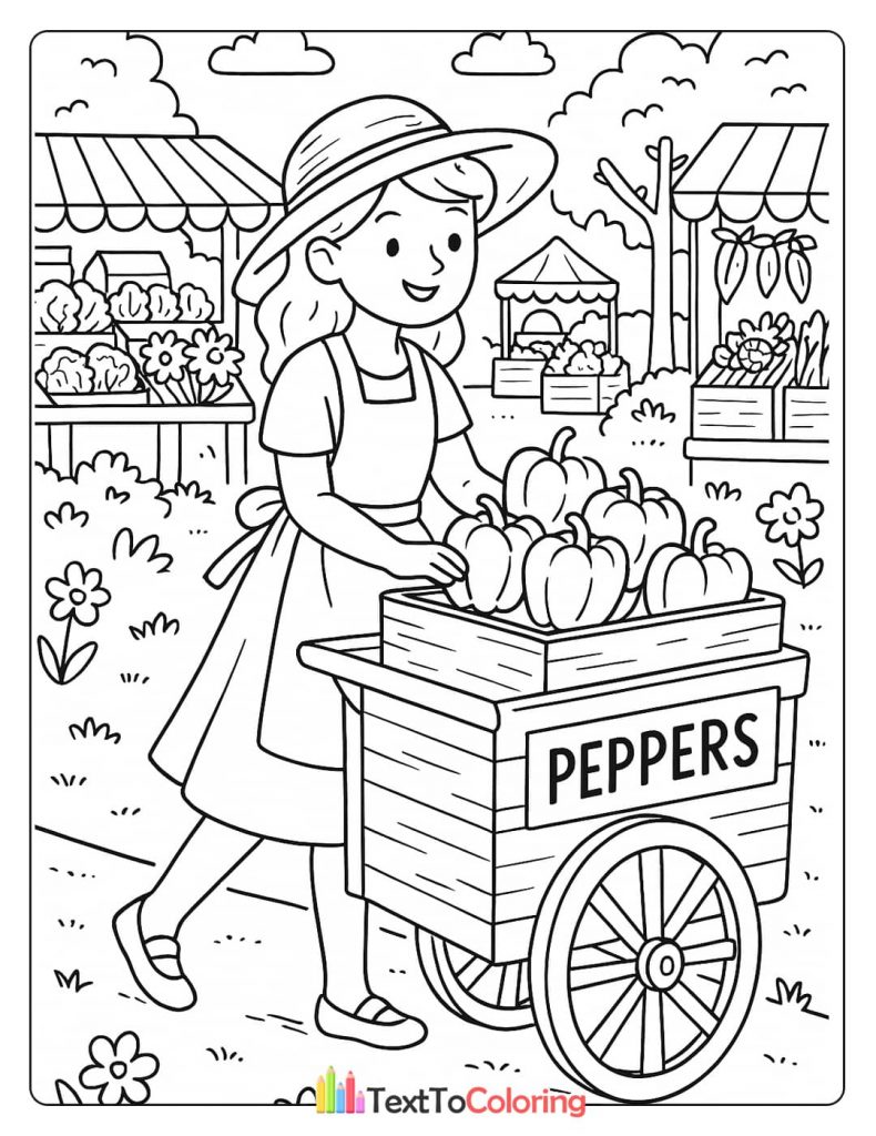 A printable coloring page showing a happy female farmer pushing a cart filled with fresh peppers at a bustling outdoor market.