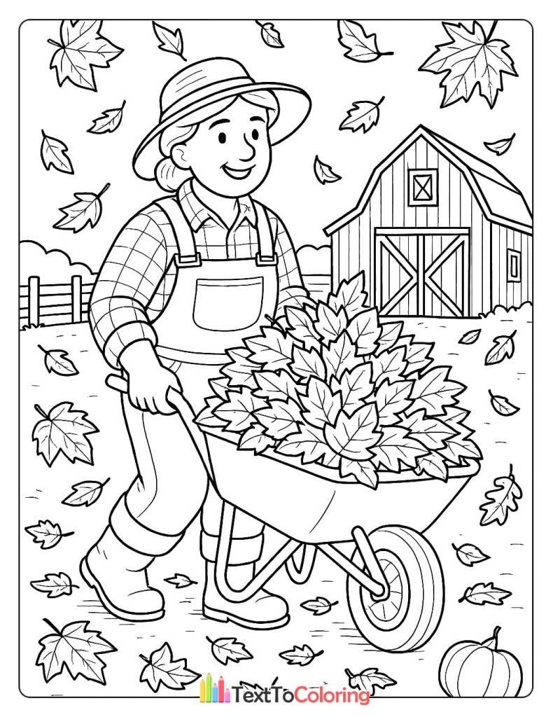 A coloring page of a farmer pushing a wheelbarrow full of leaves with a barn and pumpkin in the background.