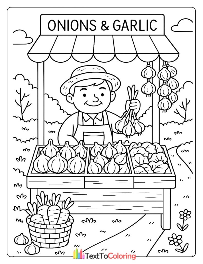 A printable coloring page of a smiling farmer holding a bunch of garlic while standing at his stall full of fresh onions.