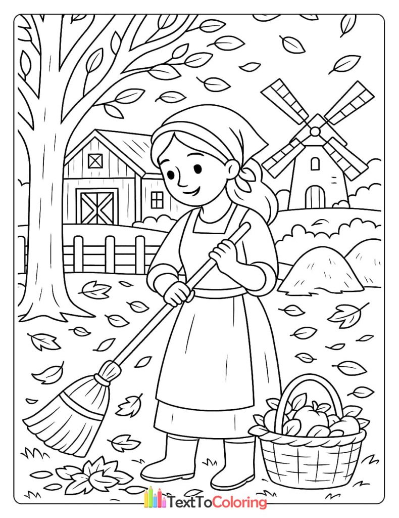 A coloring page showing a female farmer in an apron and headscarf sweeping autumn leaves in front of a barn, with a basket of apples beside her.
