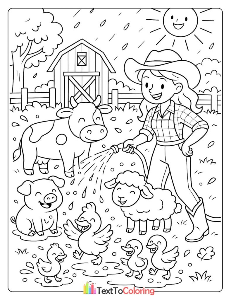 A coloring sheet of a smiling female farmer wearing a cowboy hat and boots, watering a cow, pig, sheep, and ducks with a hose.