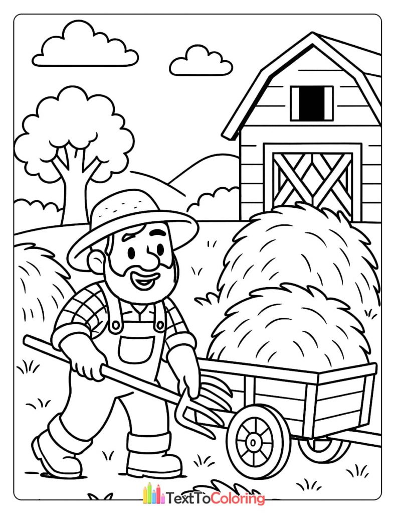 A coloring page of a smiling farmer with a pitchfork, standing next to a cart full of hay bales, with a barn in the background.