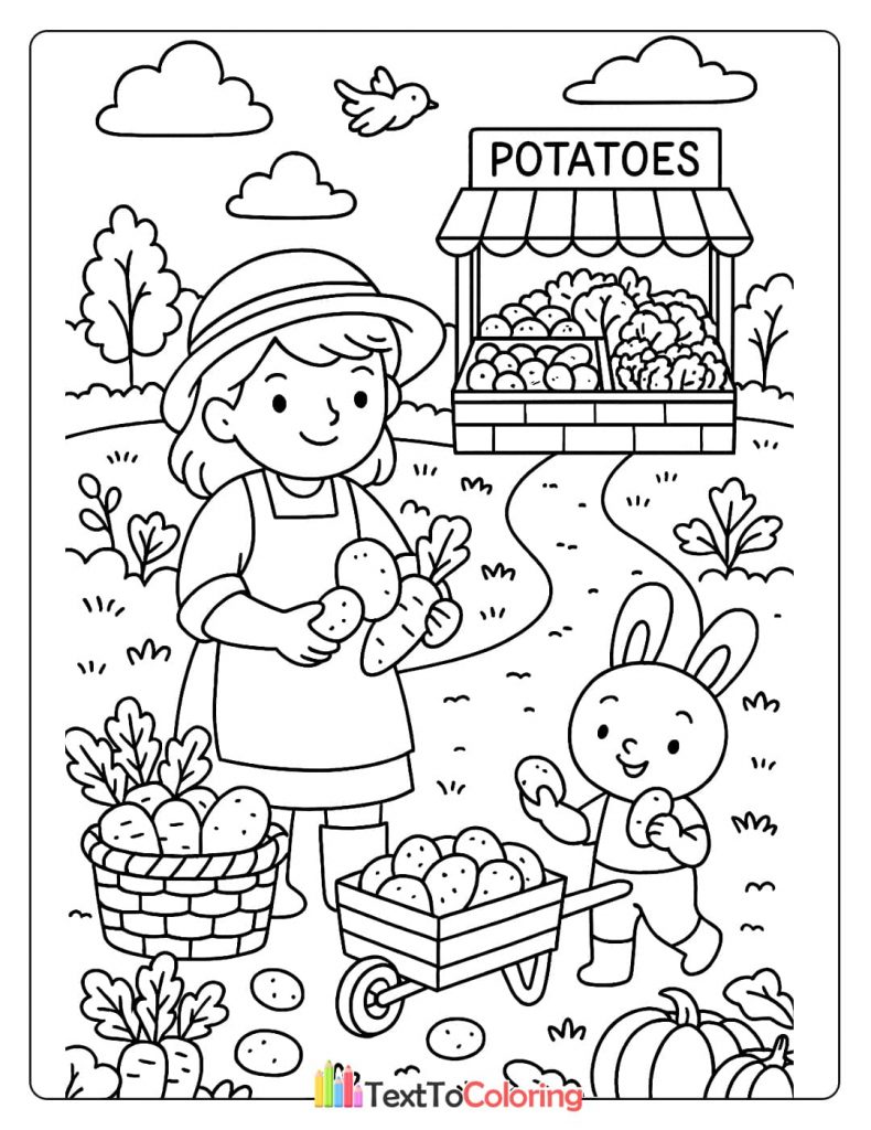 A printable coloring page of a smiling female farmer and a bunny gathering potatoes and carrots near a "Potatoes" stand.