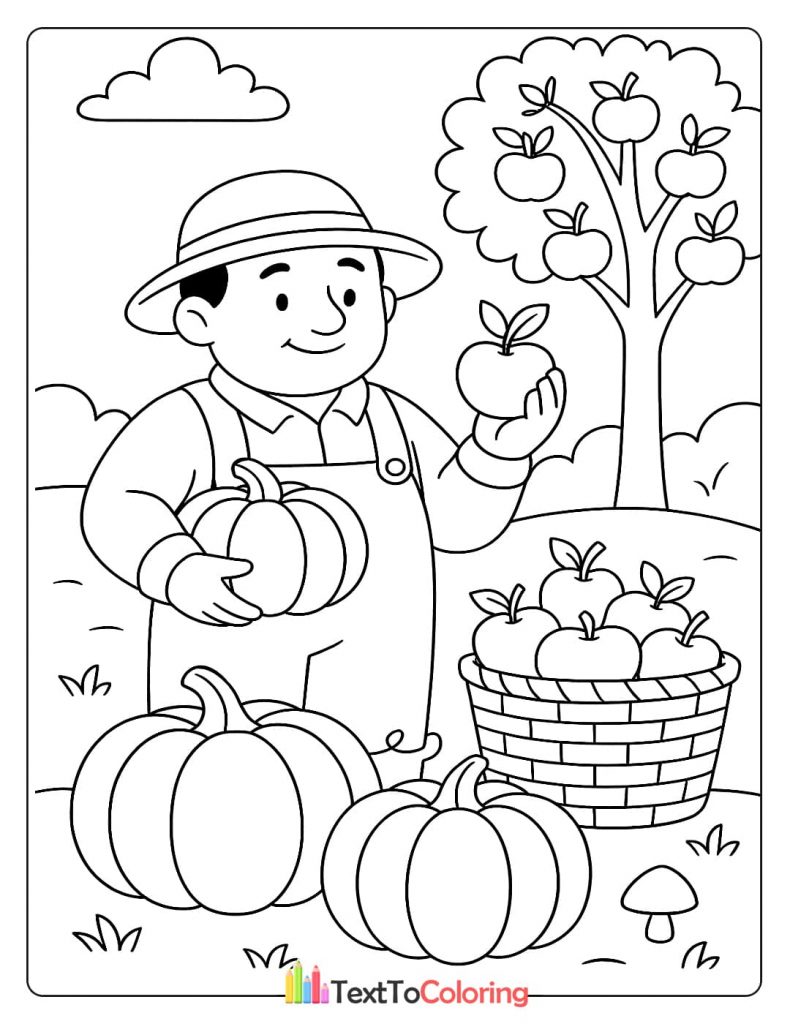 A smiling farmer holding a pumpkin and an apple, standing next to a basket of apples and pumpkins.