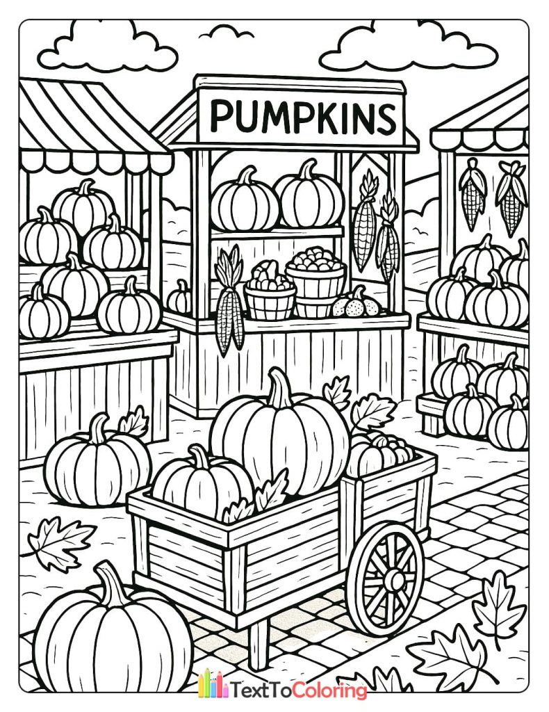 A vibrant scene of a farmer's market with pumpkin stands and carts.