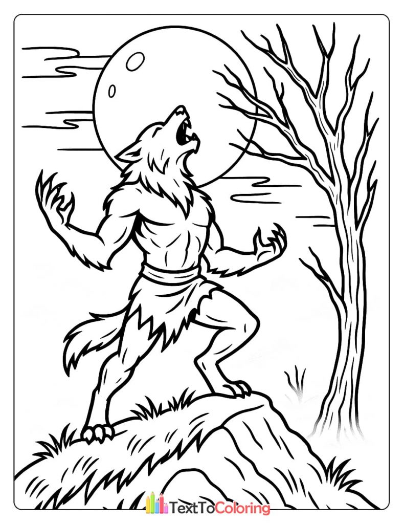Muscular werewolf howling at the full moon next to a dead tree
