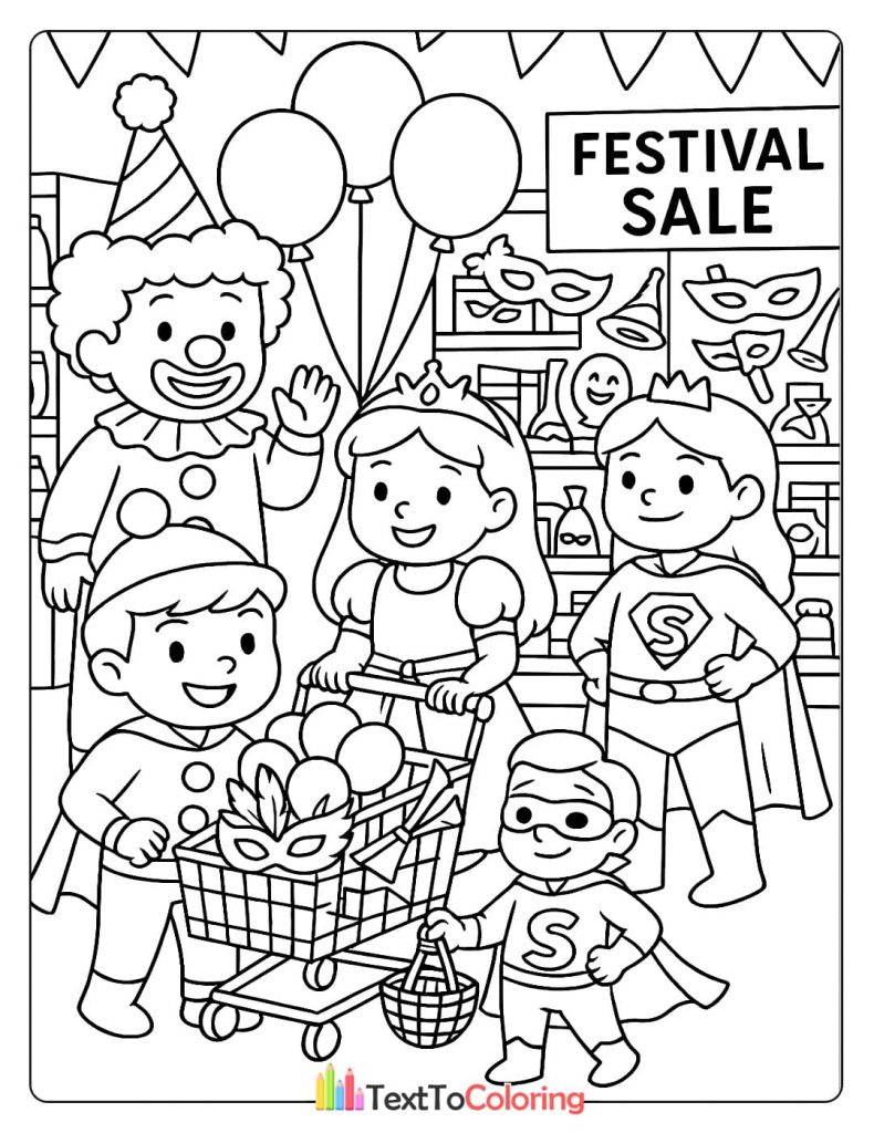 A group of children in costumes, including a clown, a princess, and a superhero, are shopping at a mini-mart with balloons.