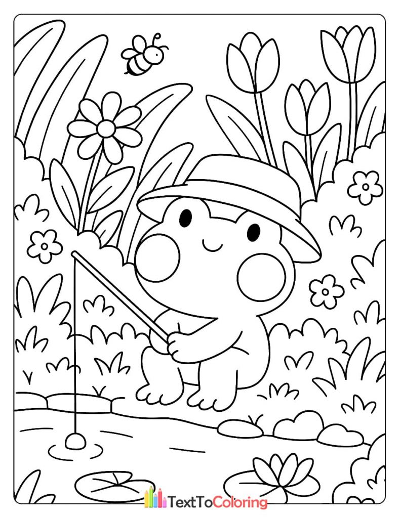 Coloring page of a cute frog wearing a hat, fishing by a pond with lily pads and flowers.