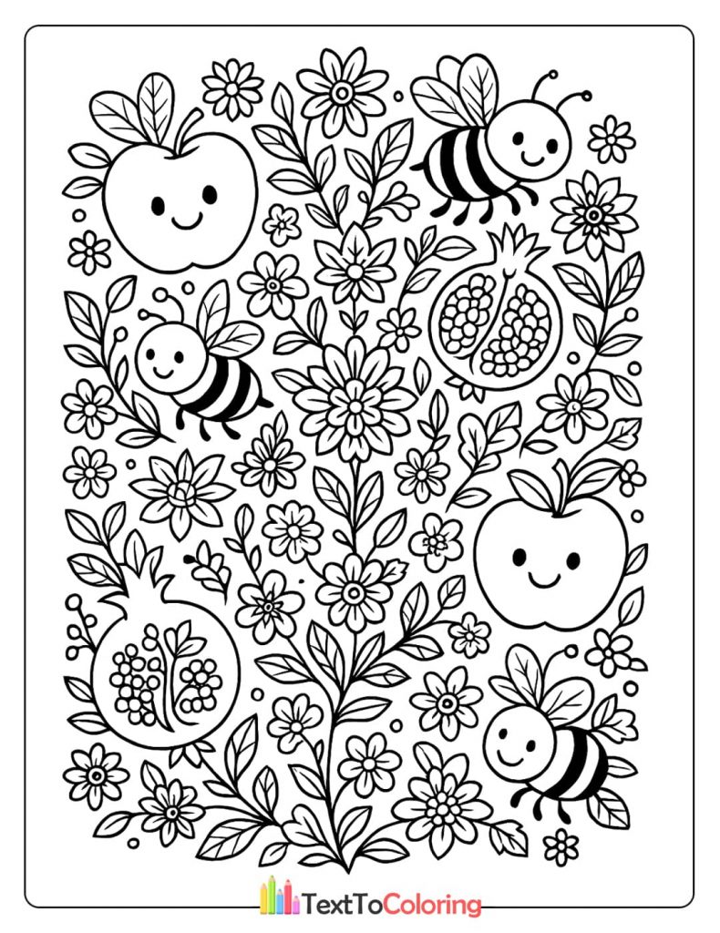 A detailed Rosh Hashanah coloring page with a floral background, bees, apples, and pomegranates.