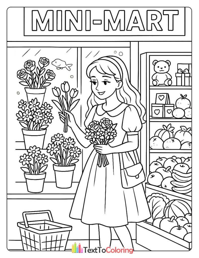 A young woman is selecting a bouquet of flowers from a flower stand inside a mini-mart, with shelves of fruit and teddy bears in the background.
