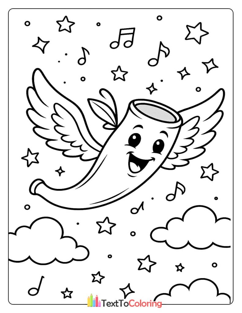 A magical coloring page of a winged shofar flying with musical notes and stars.
