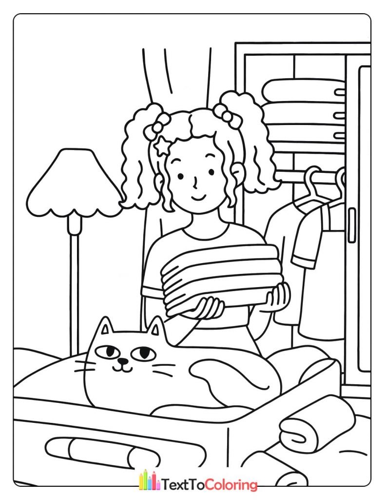 A smiling woman folds laundry with her cat sitting on a pile of clothes.