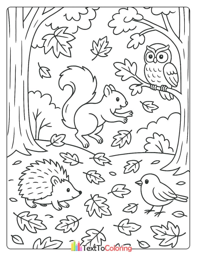 A cute coloring page of forest animals like a hedgehog, a squirrel, a bird, and an owl among autumn leaves.