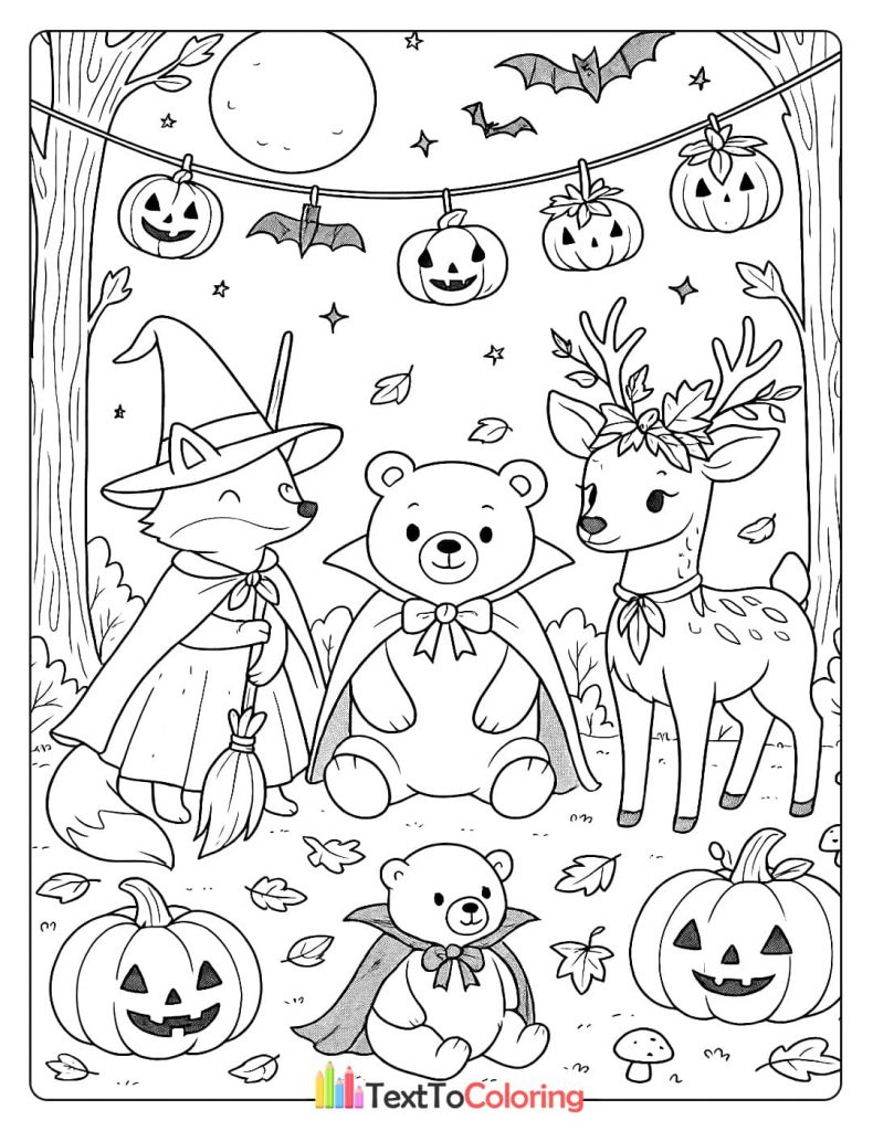 A fox in a witch hat, a bear in a cape, and a deer with antlers standing together in the woods with pumpkins and flying bats.