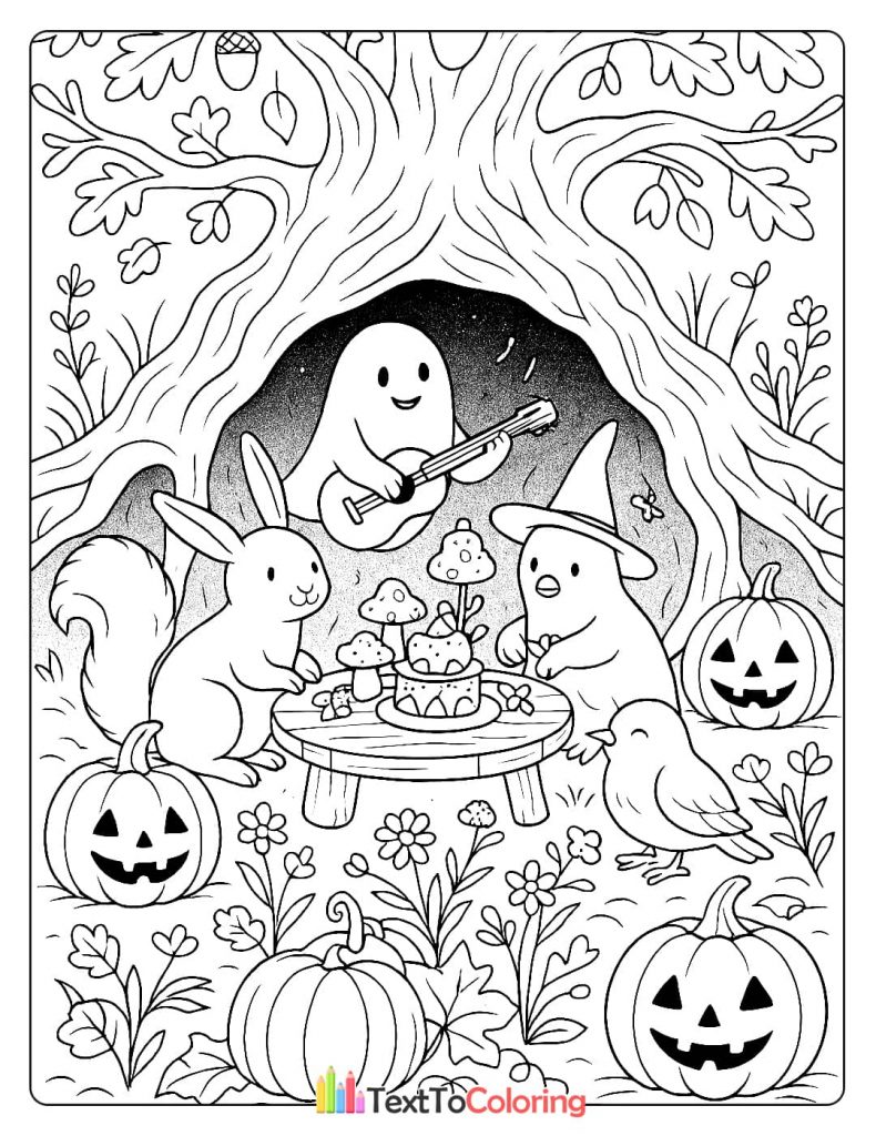 A ghost playing a guitar for a rabbit, a witch chick, and a bird at a table with a mushroom cake.
