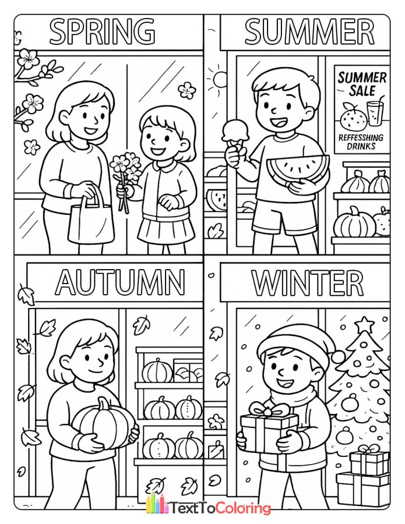 A four-panel coloring page showing a mini-mart in each season: spring, summer, autumn, and winter.