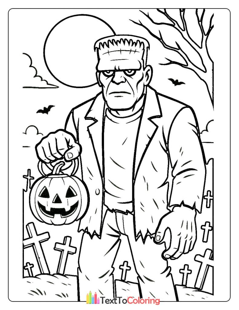 Frankenstein monster holding a carved pumpkin lantern in graveyard
