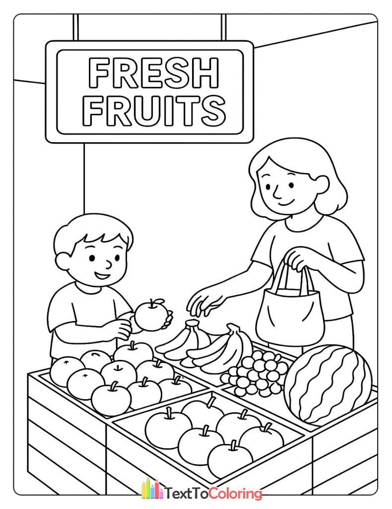 A mother and son looking at a display of fresh fruits at a mini-mart, including apples, bananas, grapes, and watermelon.