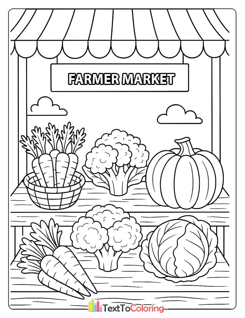 A printable coloring page of a produce stand with carrots, broccoli, and a pumpkin, perfect for coloring.