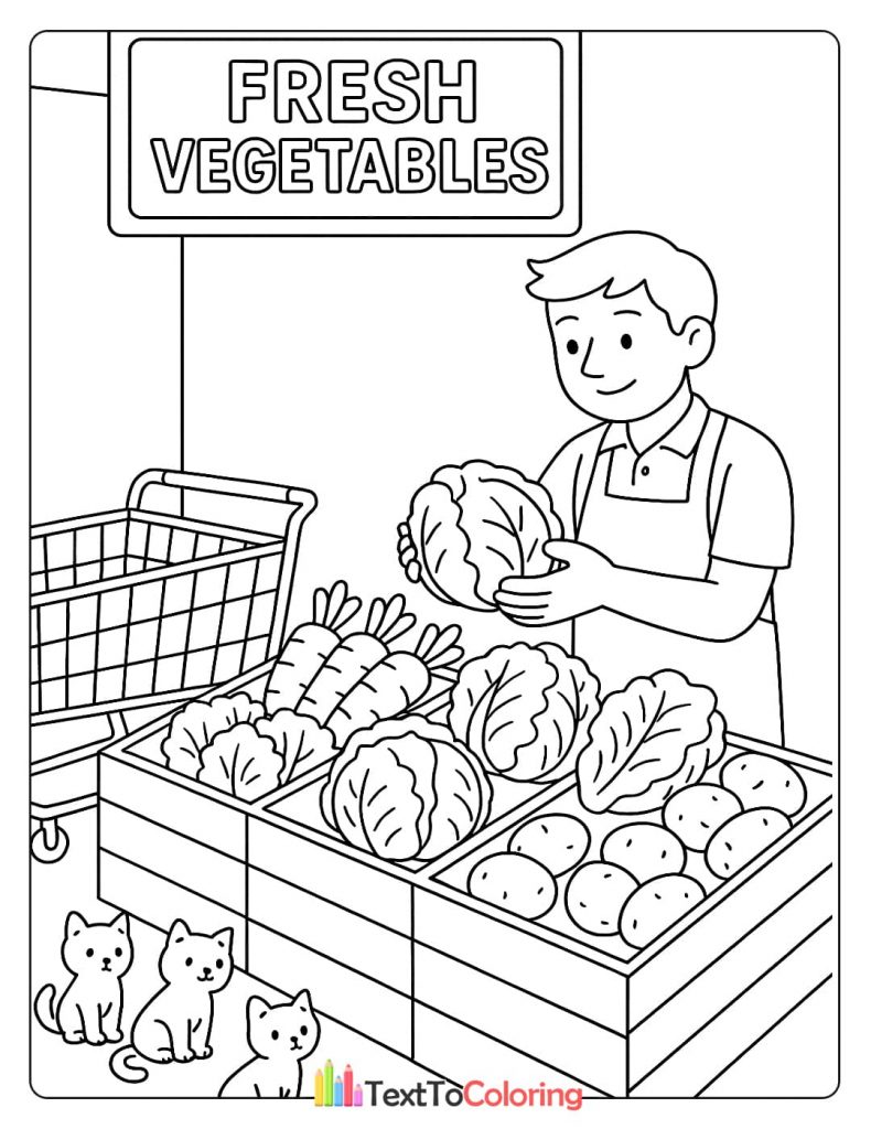 A mini-mart employee arranging fresh cabbages and carrots on a produce display. Three small cats are sitting nearby, watching.