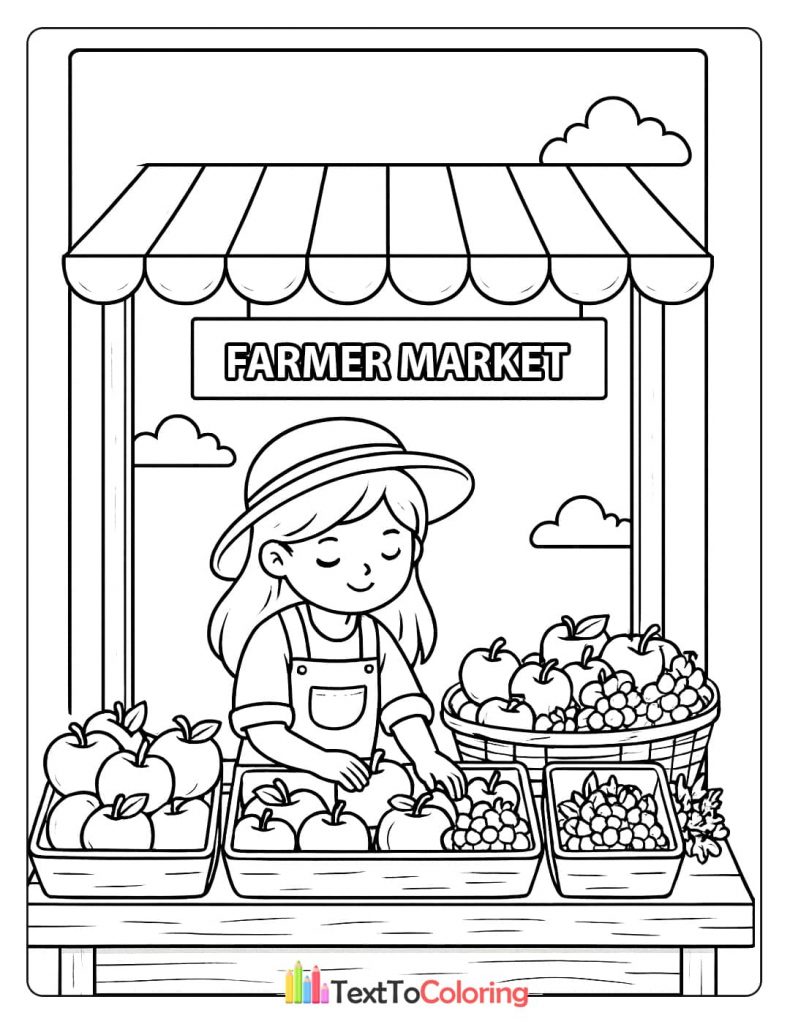 A printable coloring page of a young farmer selling fresh apples and grapes at a market stand.