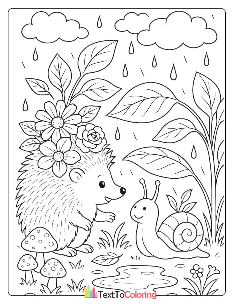 Coloring page of a hedgehog and a snail smiling at each other in the rain with mushrooms.