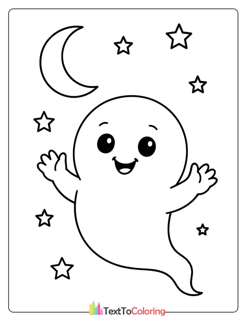 Big happy cartoon ghost with stars and moon coloring