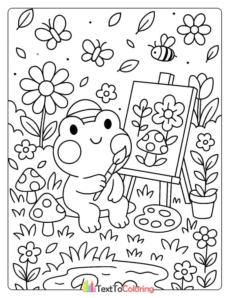 Unique coloring page of a frog artist painting a picture of flowers and mushrooms on an easel.