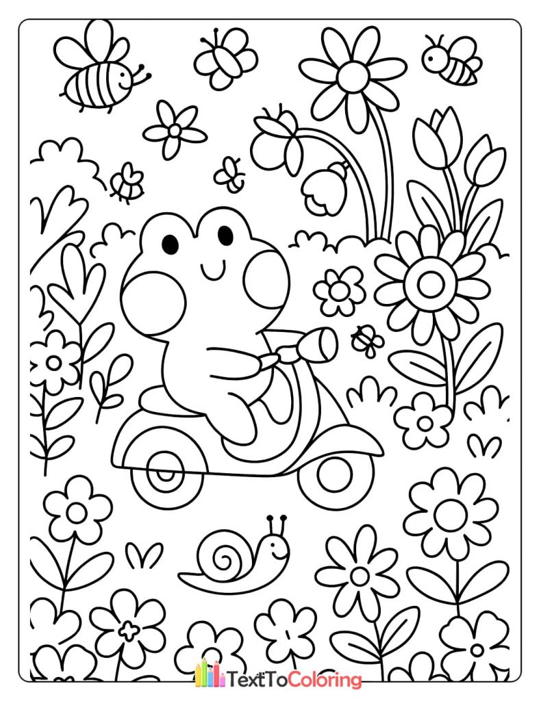Adorable coloring page of a happy frog on a scooter surrounded by flowers, bees, and butterflies.