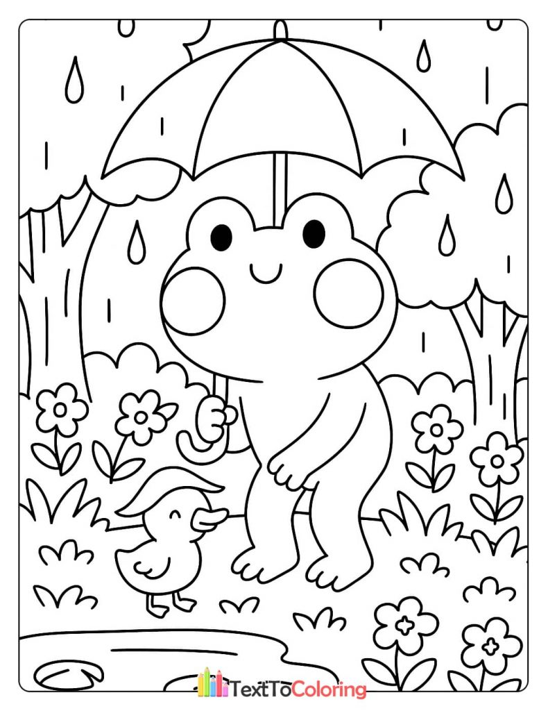 Cute coloring page of a frog holding an umbrella over himself and a duckling in the rain.
