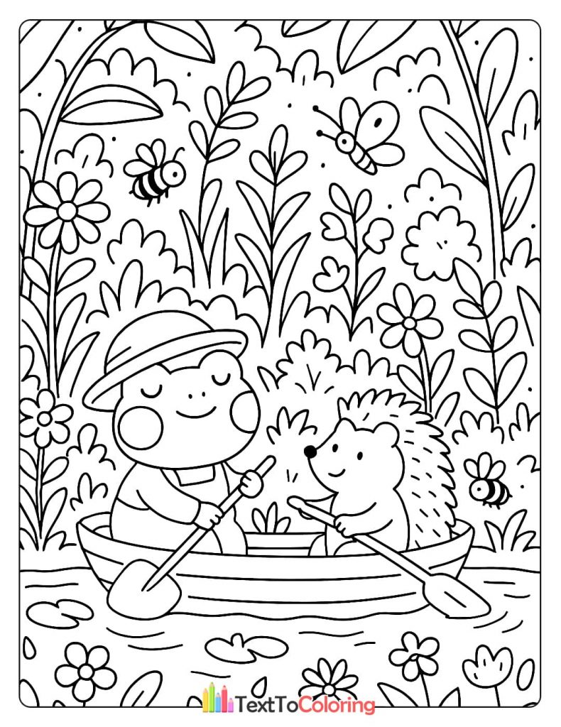 A cute coloring page of a frog and a hedgehog paddling a small boat together in a pond.