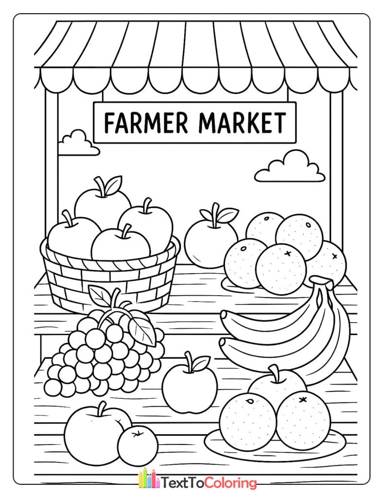 A printable coloring page showing a fruit stand with a basket of apples, a bunch of grapes, bananas, and oranges on a wooden table.