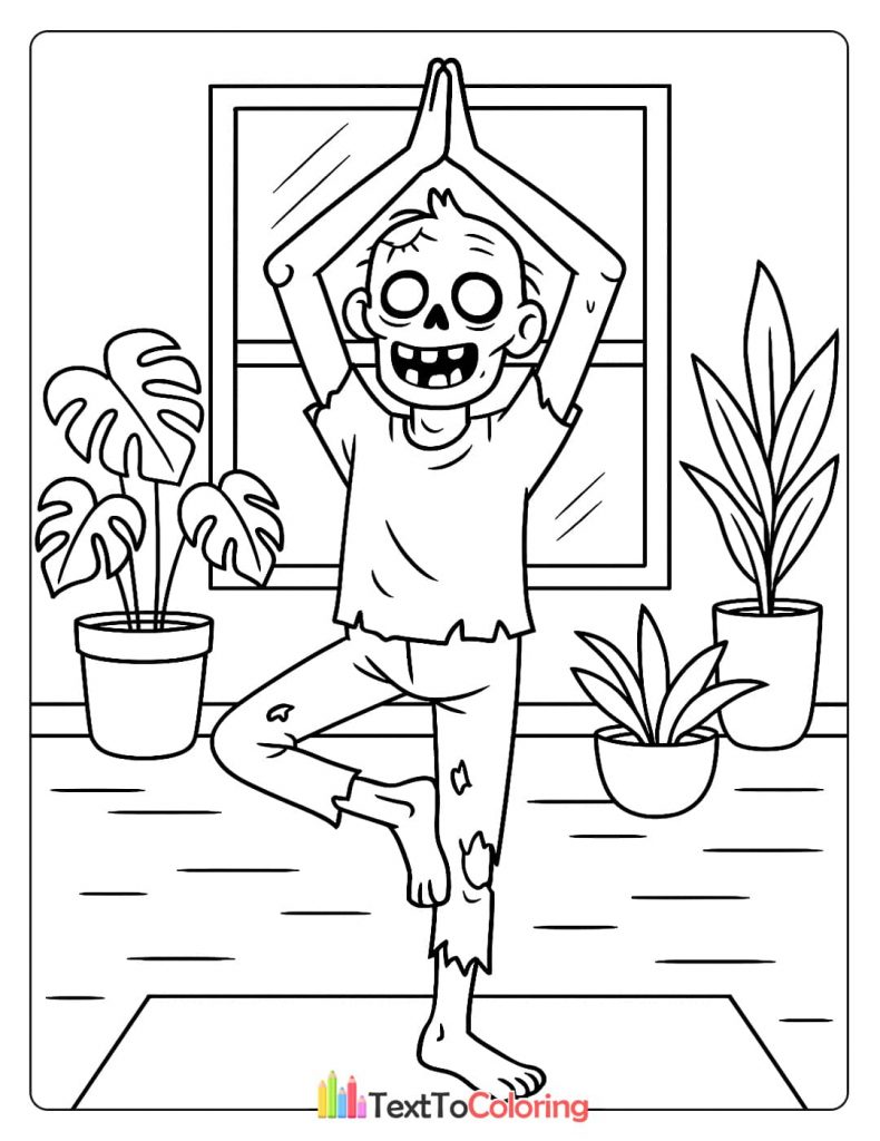 Silly zombie monster doing a tree yoga pose indoors with houseplants