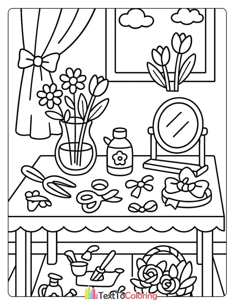 A coloring page of gardening and crafting items on a table, including flowers in a vase, gloves, scissors, and bows.
