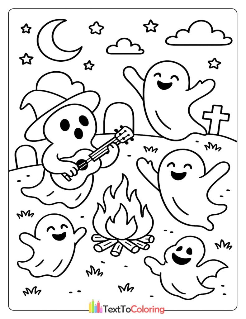 Five ghosts, one of whom is in a witch hat playing a guitar, gathered around a campfire in a graveyard.