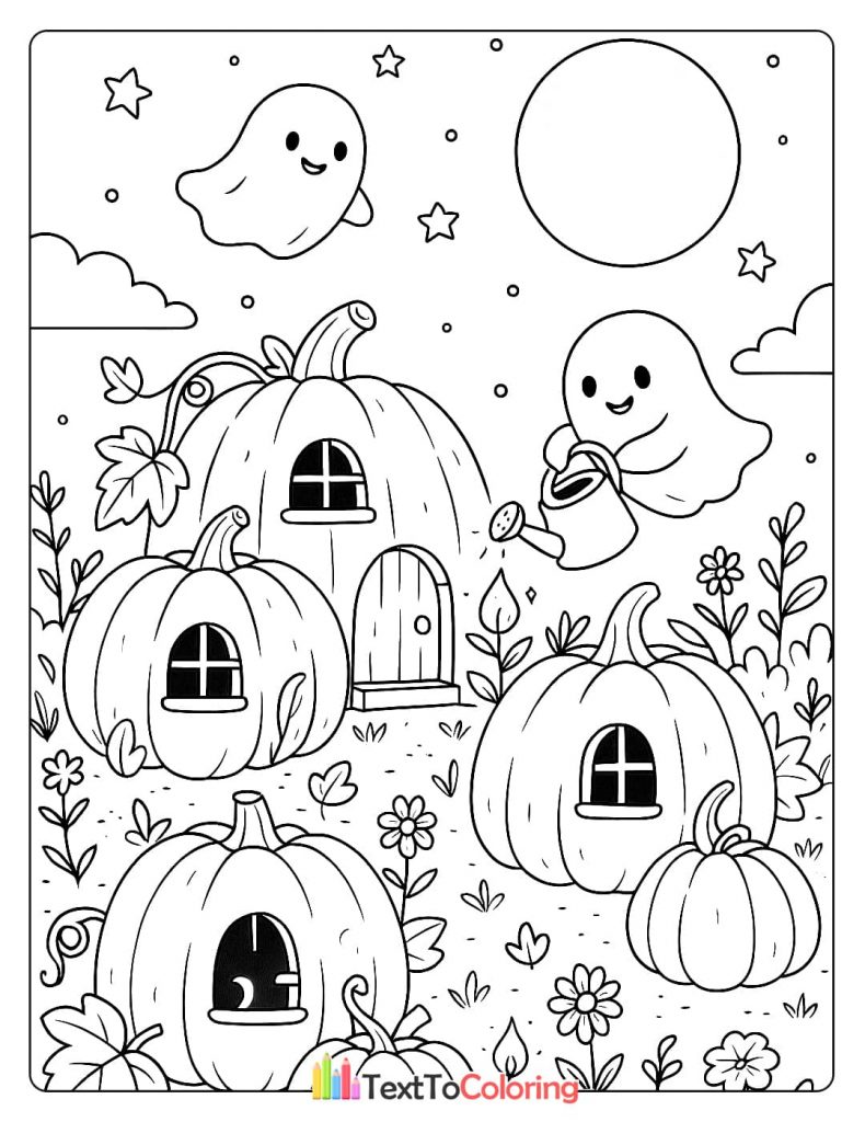 A cute ghost watering a pumpkin patch with tiny pumpkin houses and a big moon in the sky.