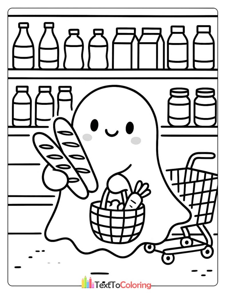 A cute ghost with a shopping cart, holding two loaves of bread and a basket of carrots in a grocery store.